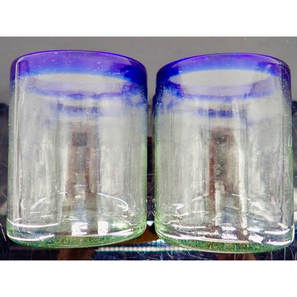 Cobalt Blue Hand Low Ball Drinking Glasses Set of 2 Hand Blown Heavy 4" Tall - Picture 4 of 8